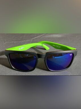 SPY Helm Black Sunglasses, Neon Green Temples and Blue Mirrored Lenses